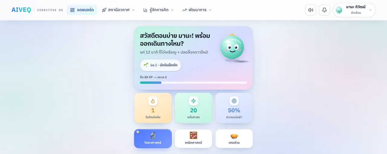 หน้าแดชบอร์ดผู้เรียนของ AIVEQ