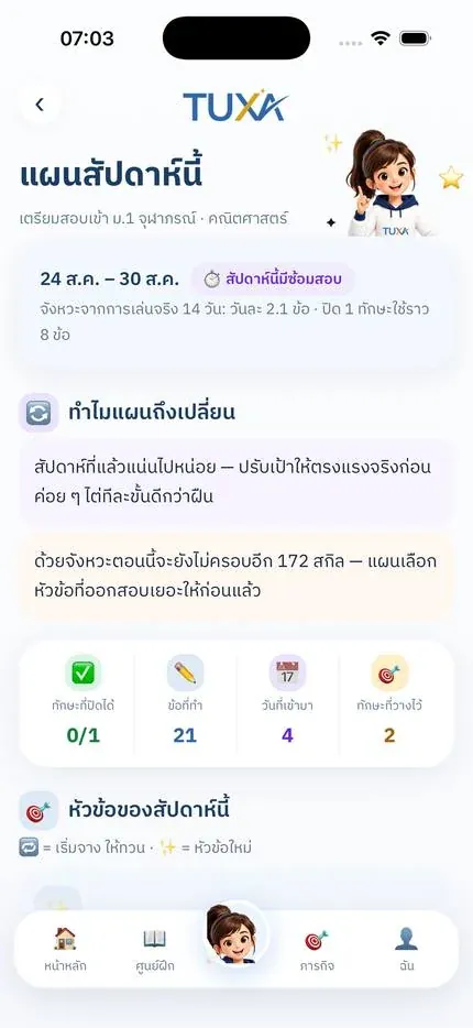 หน้าแผนสัปดาห์ของแอป TUXA